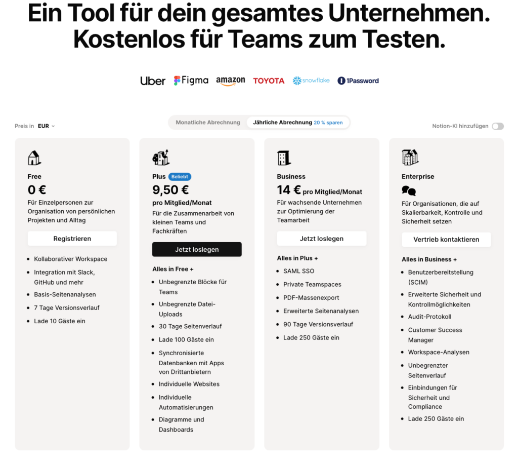 Notion Preise 2024 Quelle: https://www.notion.so/de/pricing